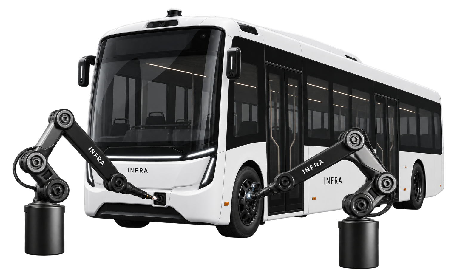 Concept rendering of an autonomous INFRA electric bus being serviced by two INFRA robotic arms, one at the front sensor bar and one at the front wheel