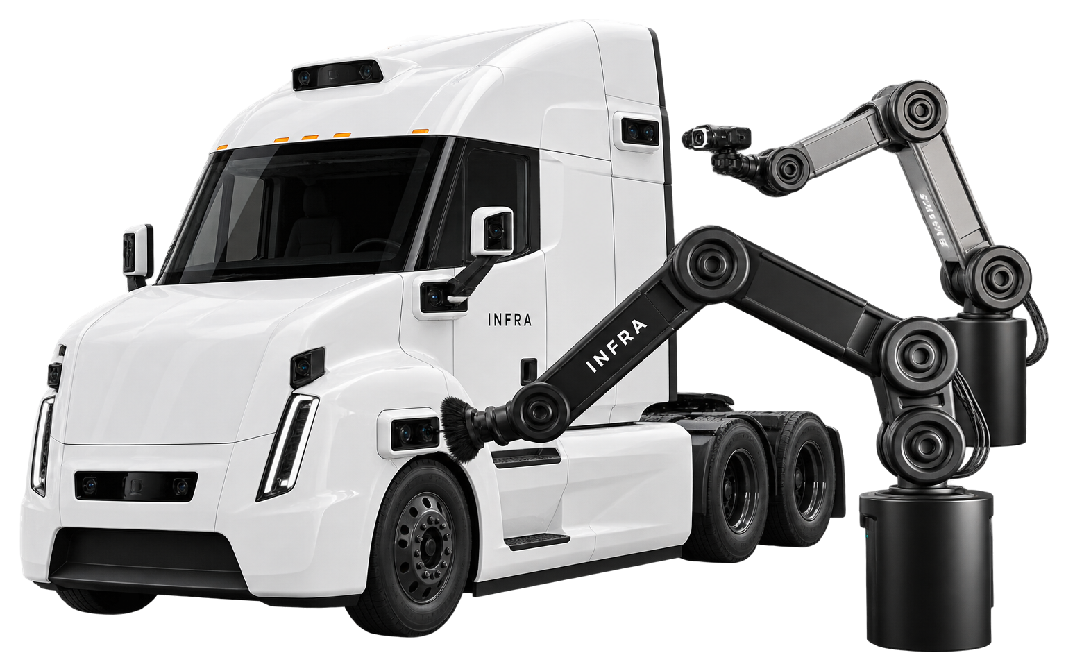 Concept rendering of an autonomous INFRA truck being inspected by two INFRA robotic arms, one holding a camera head and one cleaning a side sensor pod