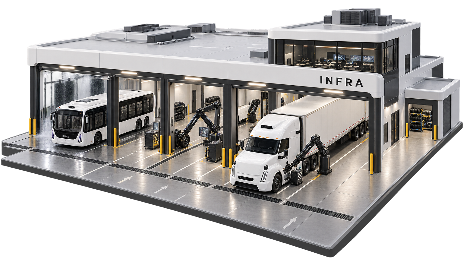 Concept rendering of an INFRA fully autonomous hub service building with a bus in a wash bay, robotic arms in the center bays, a tractor-trailer in the right bay and a control room above
