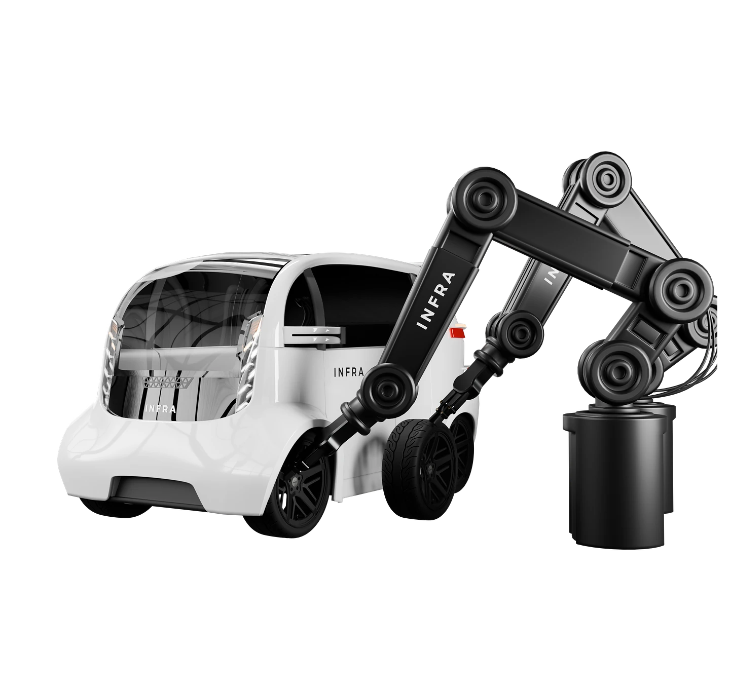 Rendering of a white INFRA autonomous vehicle pod next to a black robotic arm