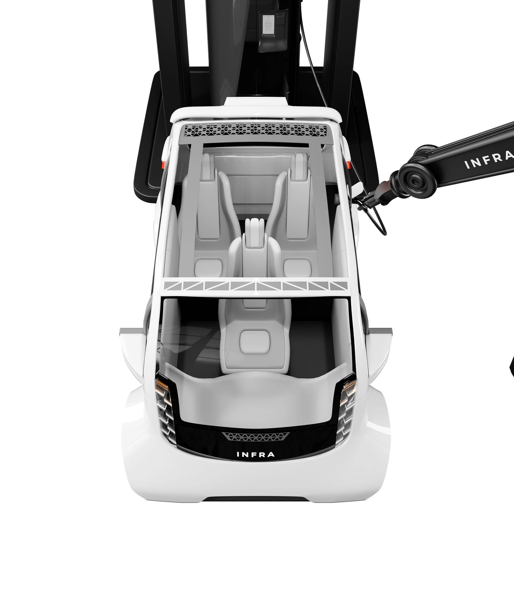 Rendering of a white INFRA autonomous vehicle pod under a robotic service arm