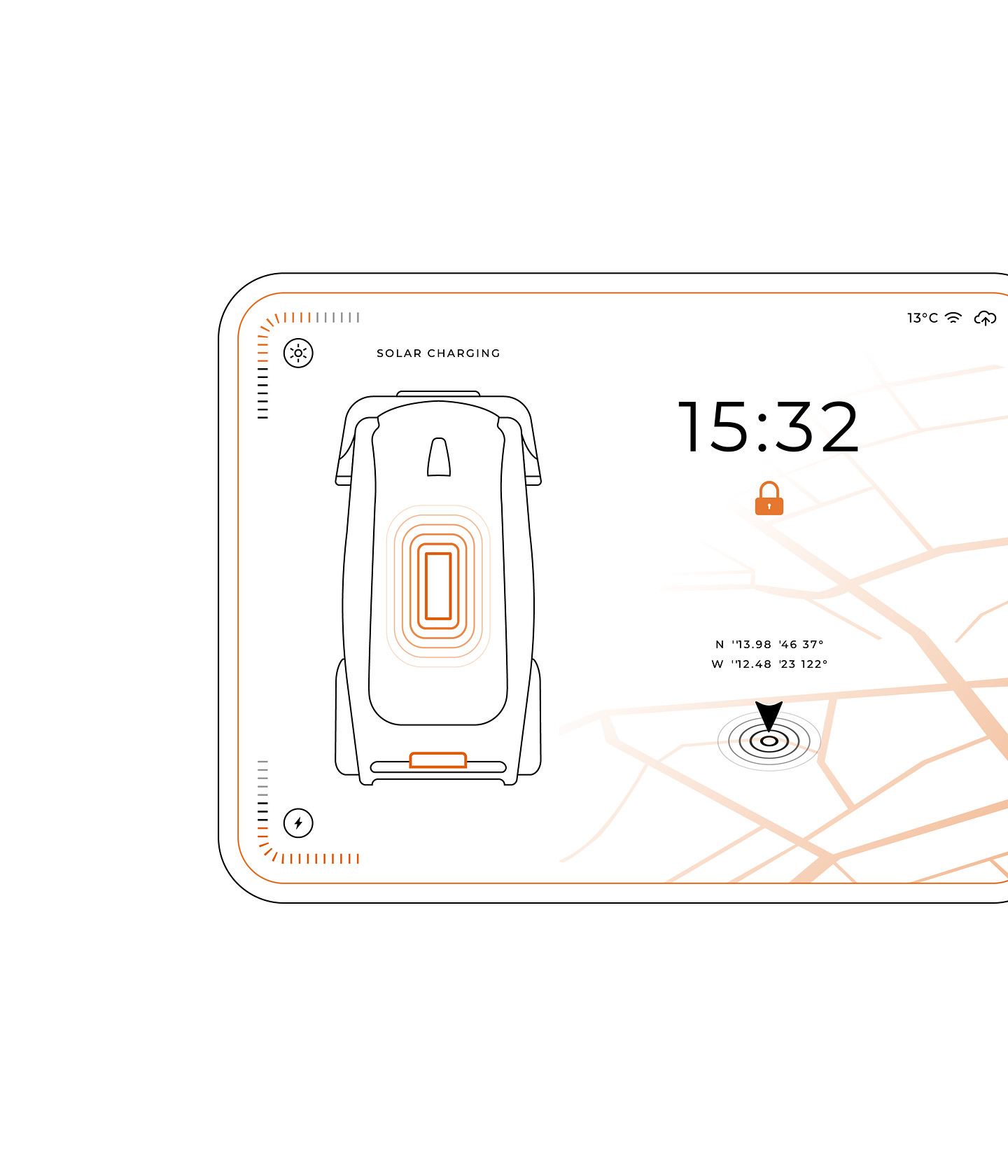 Illustration of a vehicle charging app screen showing a vehicle outline, the time and a map