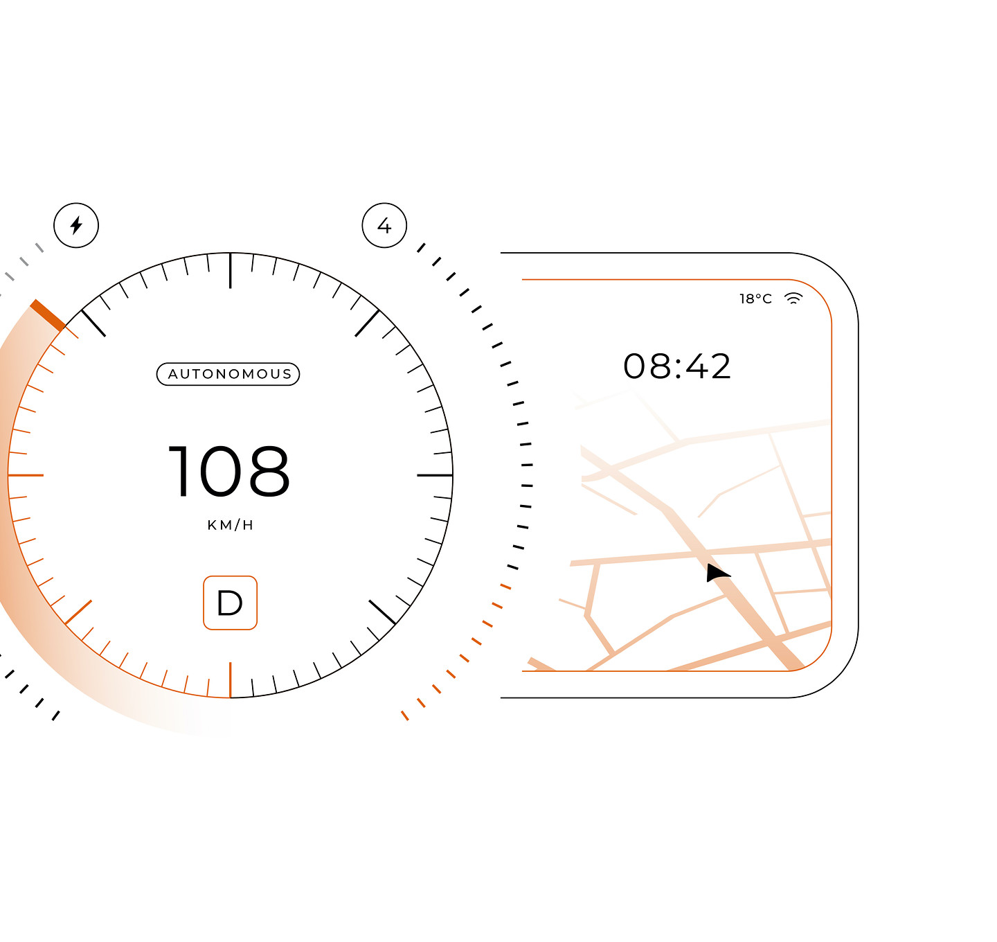Illustration of an autonomous vehicle dashboard showing speed, time and a map