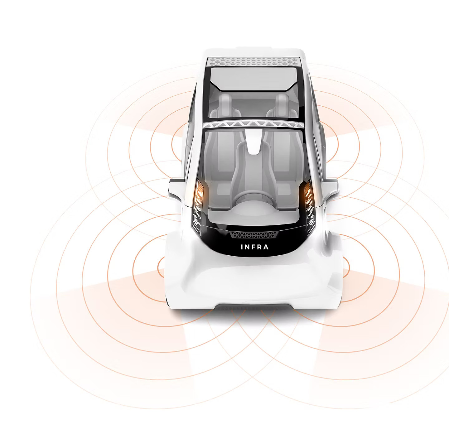 Rendering of a white INFRA autonomous vehicle seen from the front with sensor-range arcs around it
