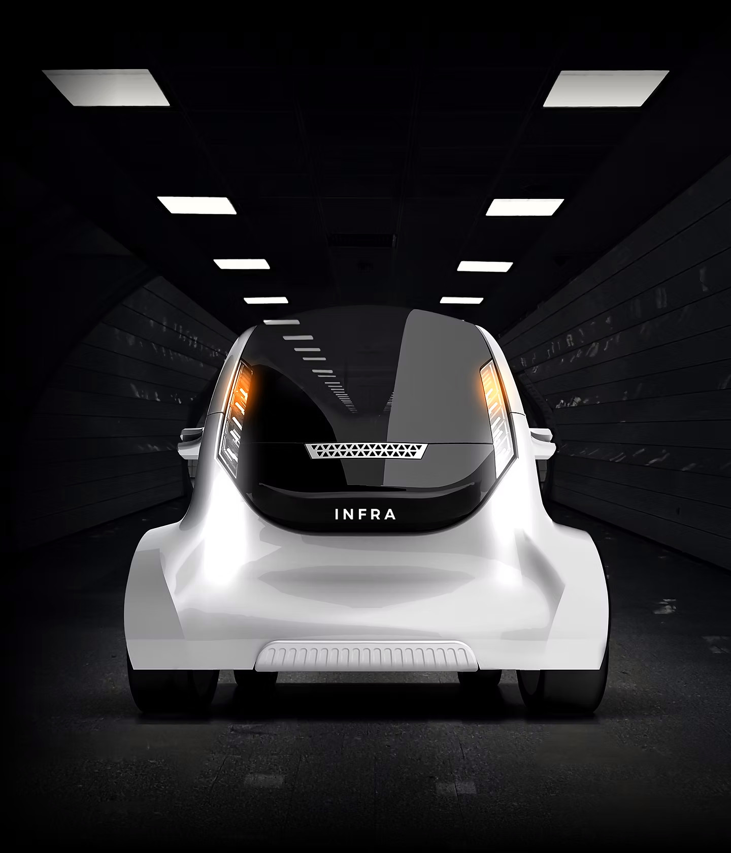 Rendering of a white INFRA autonomous vehicle in a dark tunnel