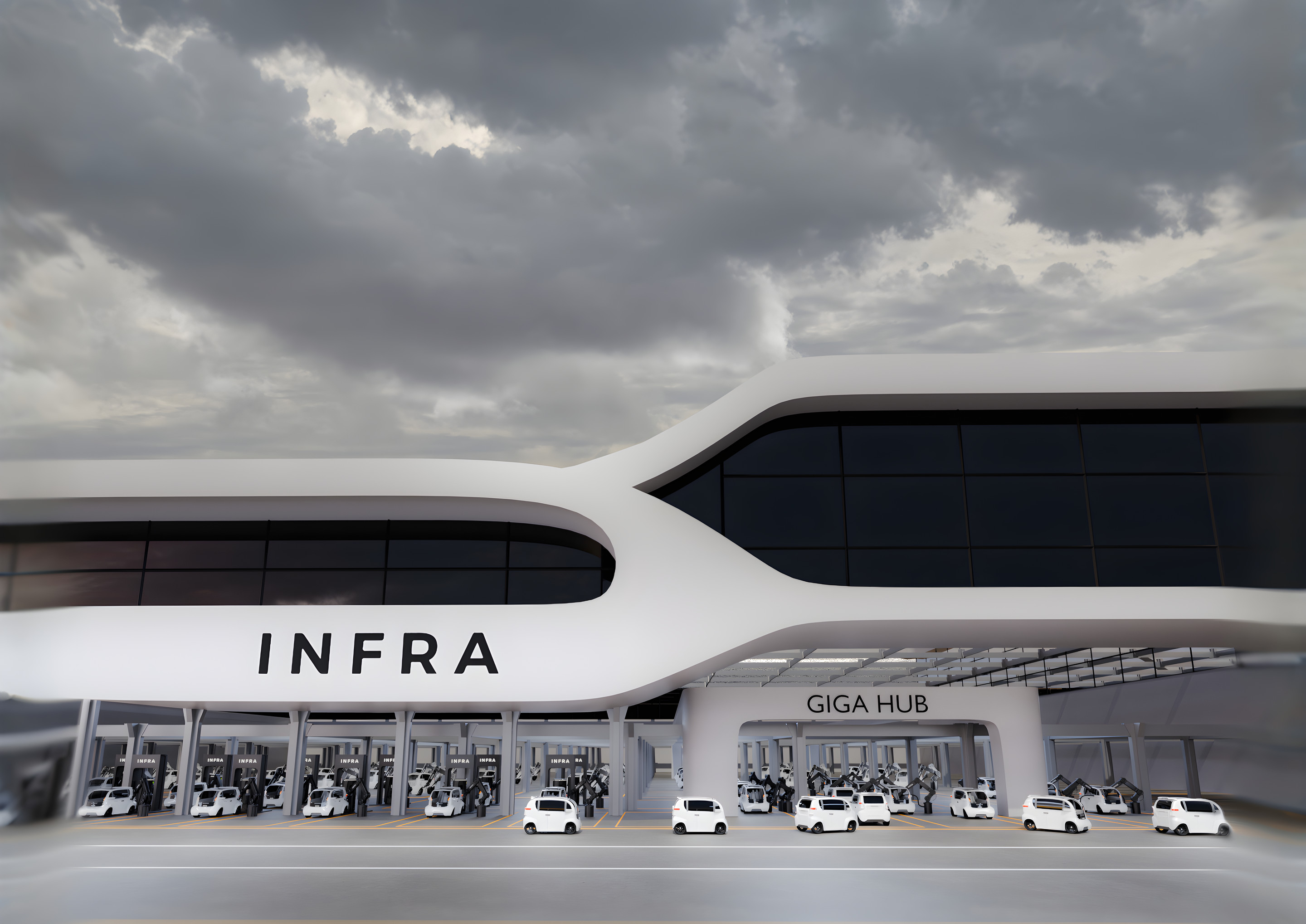 Rendering of an INFRA Giga Hub: a white building with INFRA and GIGA HUB signs and autonomous vehicles parked at its entrance
