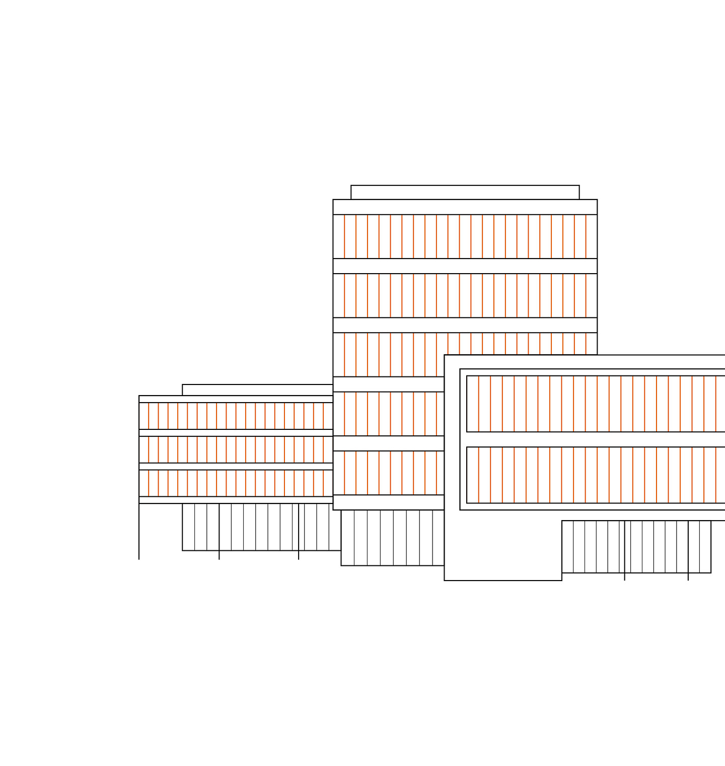 Line-drawing illustration of a multi-storey building complex