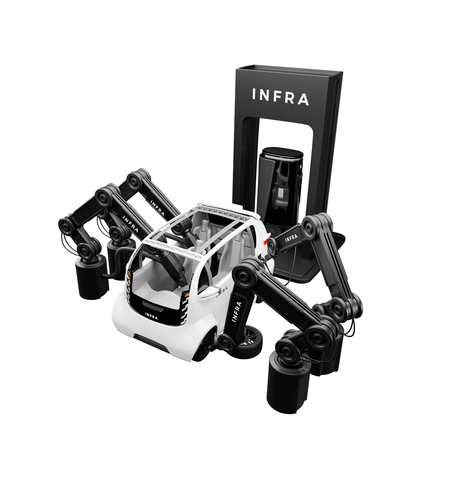 Rendering of an INFRA autonomous vehicle inside a robotic service station with an INFRA sign